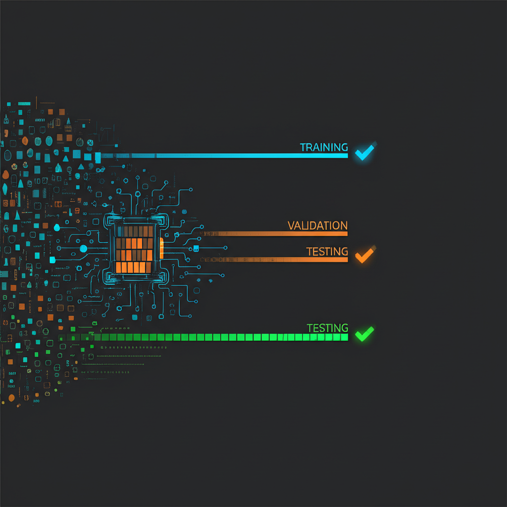 Абстрактная визуализация, где показаны тестовые датасеты как финальный этап проверки модели.