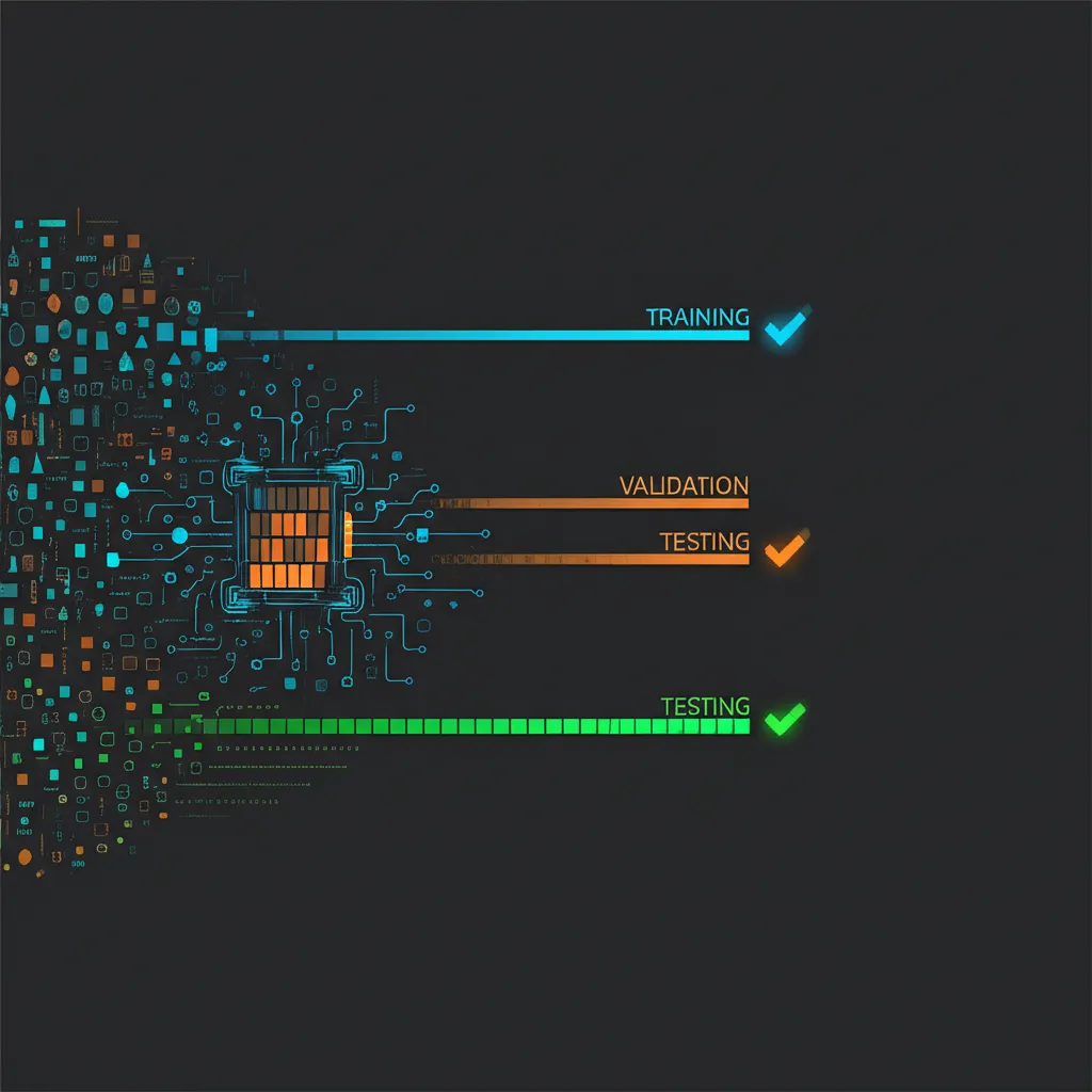 Абстрактная визуализация, где показаны тестовые датасеты как финальный этап проверки модели.