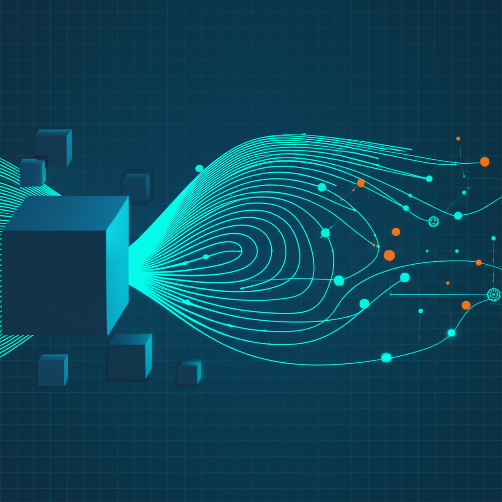 Абстрактная визуализация, иллюстрирующая разные типы датасетов: от структурированных кубов до неструктурированных потоков информации.