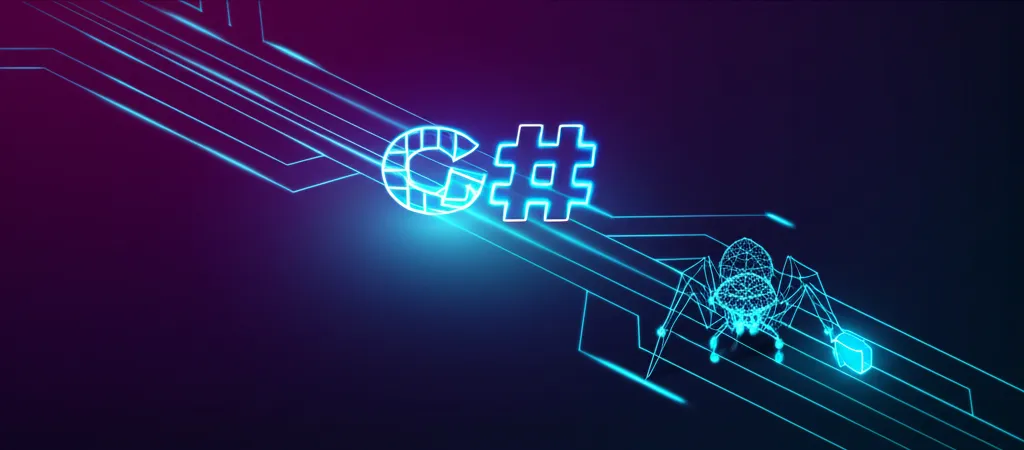 Схематичное изображение, представляющее топ 7 C# библиотек для веб-скрапинга 2025, где цифровые потоки данных собираются вокруг логотипа C#.