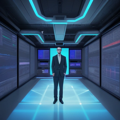 Сотрудник анализирует данные, используя Топ bi-инструментов: анализ горы данных в современном футуристичном офисе.