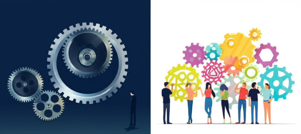 Схематичное сравнение подходов традиционная bi vs self-service bi, где слева сложный механизм, а справа гибкая система для пользователей.