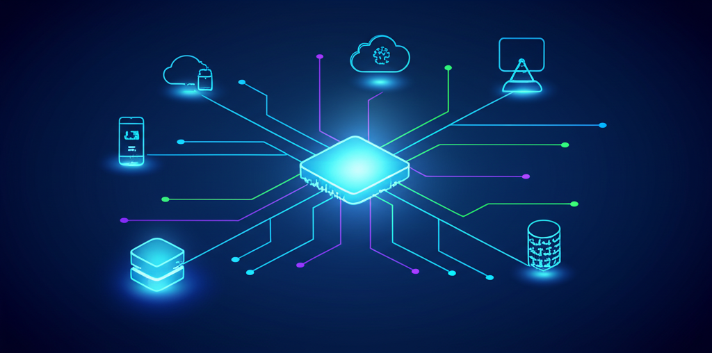 Ключевые тренды интеграции данных 2025: инфографика с потоками информации и облачными сервисами.
