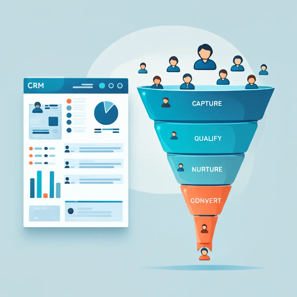 Управление лидами в CRM руководство: инфографика с воронкой продаж и этапами обработки клиентов