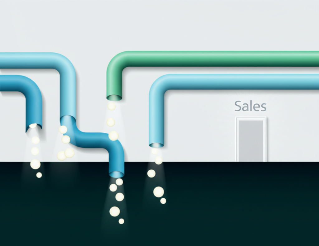 Инфографика, иллюстрирующая упущенные возможности генерации лидов в виде утечек из маркетинговой воронки.