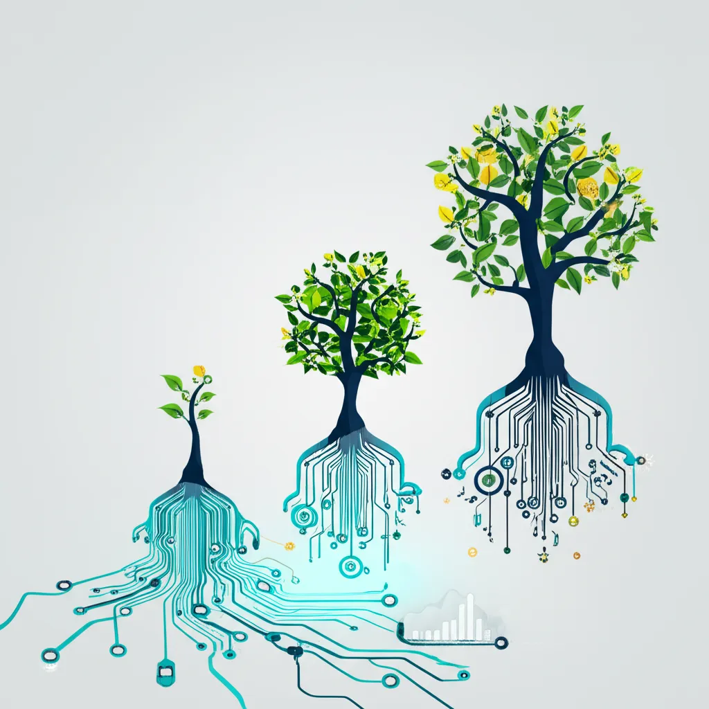 Инфографика, иллюстрирующая важность аналитики данных на каждом этапе роста бизнеса от маленького ростка до большого дерева.