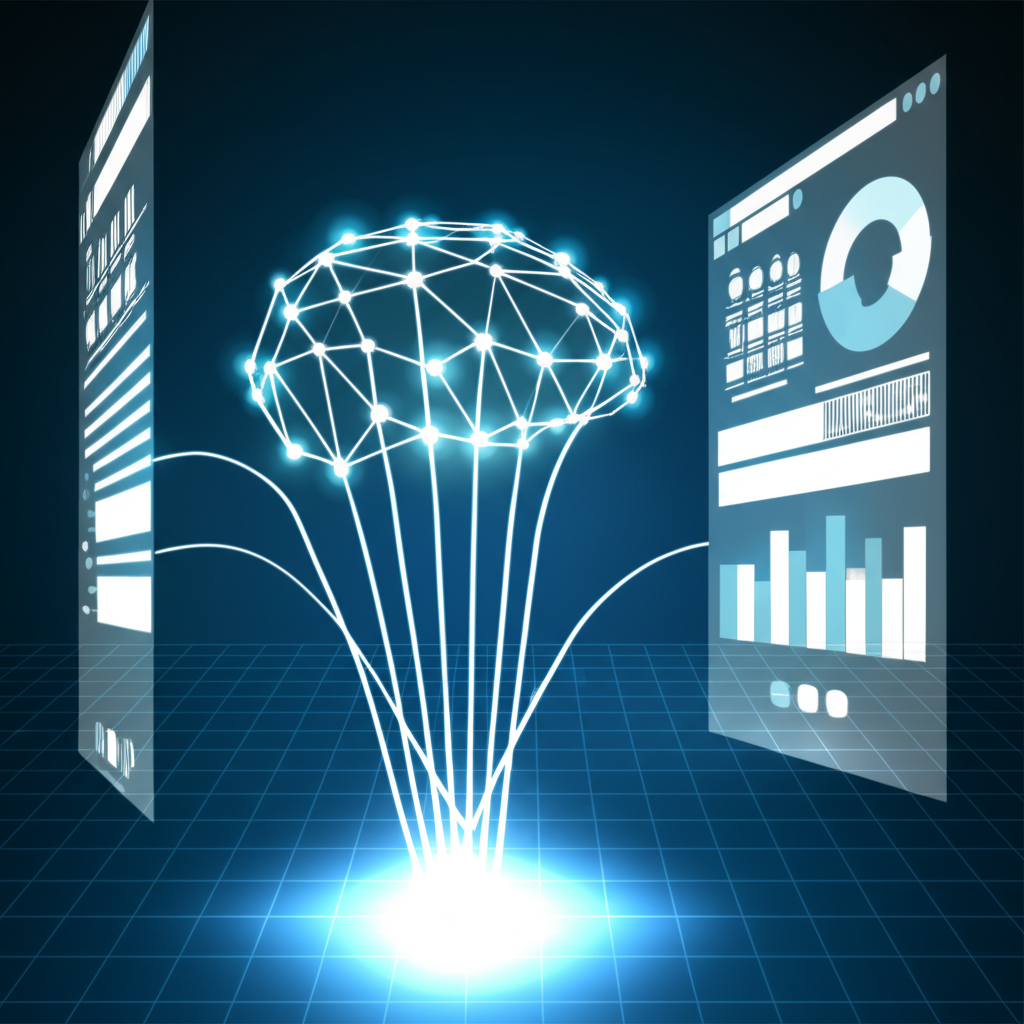 Абстрактное изображение, иллюстрирующее веб-скрапинг с ChatGPT в 2025, где нейросеть извлекает данные с веб-страницы.