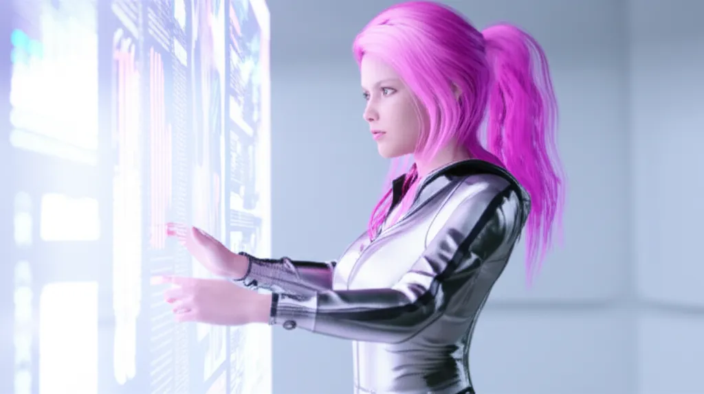 Виртуальные авторитеты маркетинг реклама: CGI-инфлюенсер взаимодействует с футуристическим интерфейсом в рамках рекламной кампании.