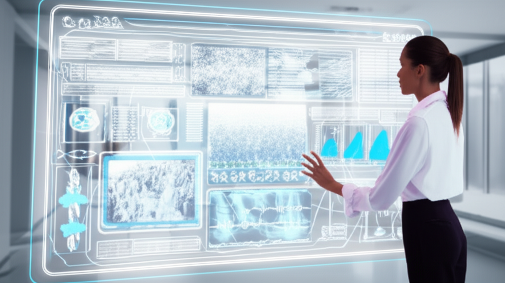 Специалист анализирует различные типы контента генерируемого ИИ в маркетинге на футуристическом интерфейсе.