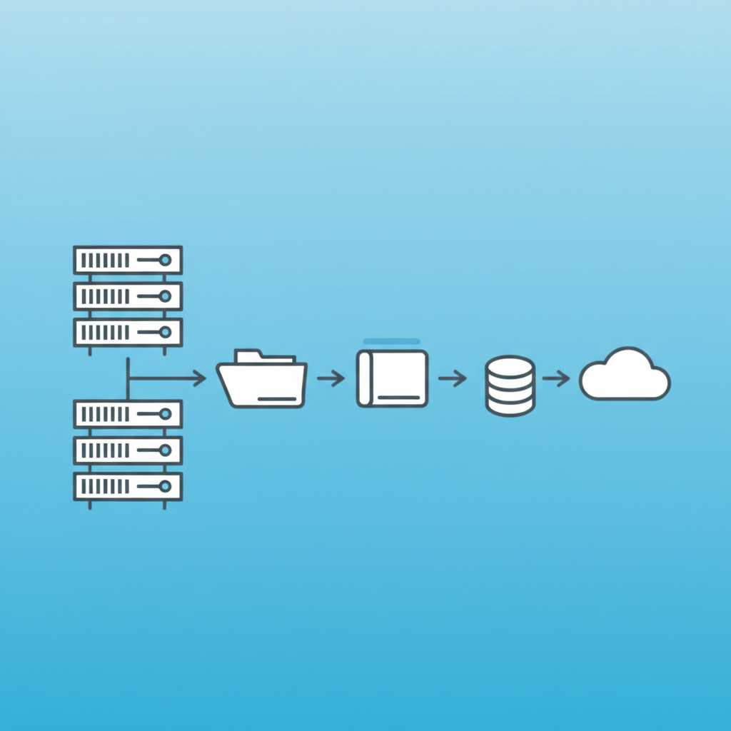 Процесс выгрузки сайтов: схематичное изображение сервера, базы данных и файлов, передающихся в облачное хранилище.