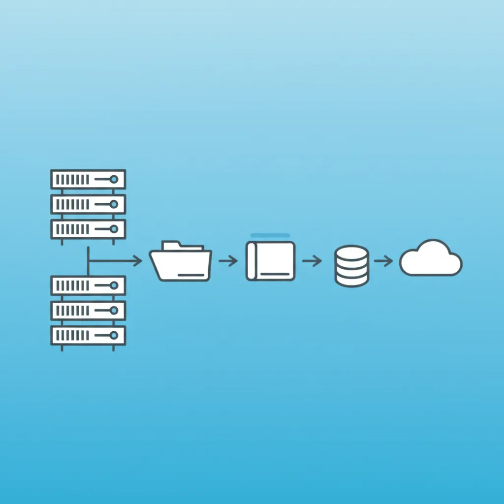 Процесс выгрузки сайтов: схематичное изображение сервера, базы данных и файлов, передающихся в облачное хранилище.