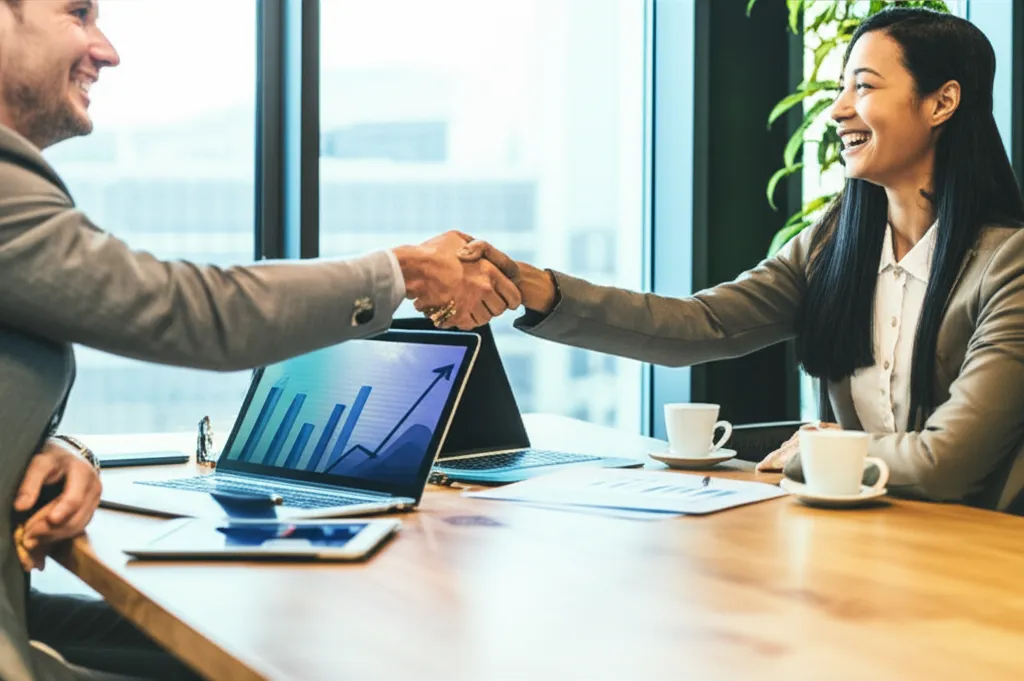 Два специалиста пожимают руки, применяя выигрышные стратегии продаж для заключения сделок в современном офисе.
