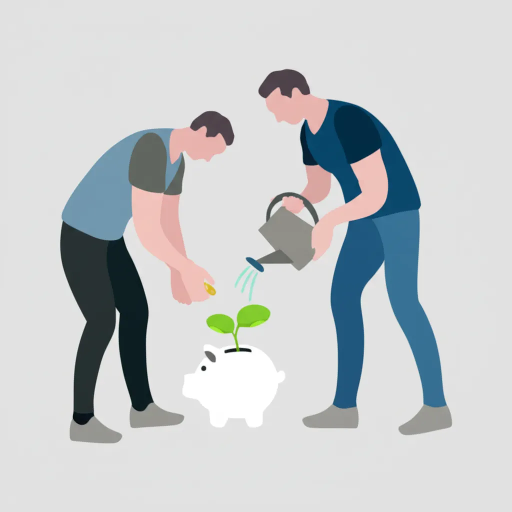 Иллюстрация, символизирующая запуск бизнеса с опорой на собственные средства: предприниматель поливает росток в копилке.