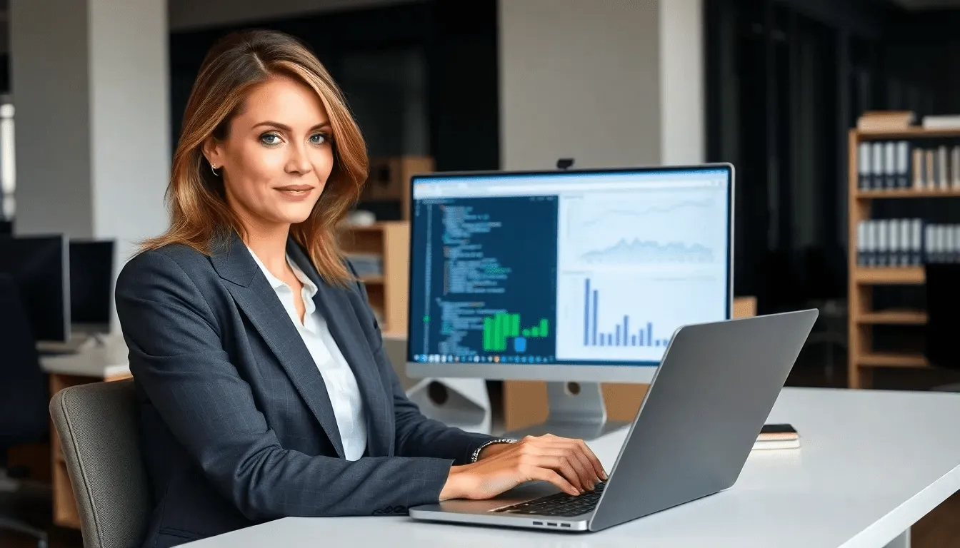 Женщина анализирует данные с помощью автоматизации парсинга в офисе.