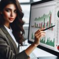 Красивая брюнетка использует визуальный инструмент для парсинга данных с интернет магазина, выбирая поля для сбора информации.