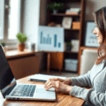 Девушка в офисе работает с CRM для бизнеса